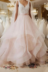 Unique v neck tulle lace long Semi Formal Prom Dresses, tulle wedding Dresses